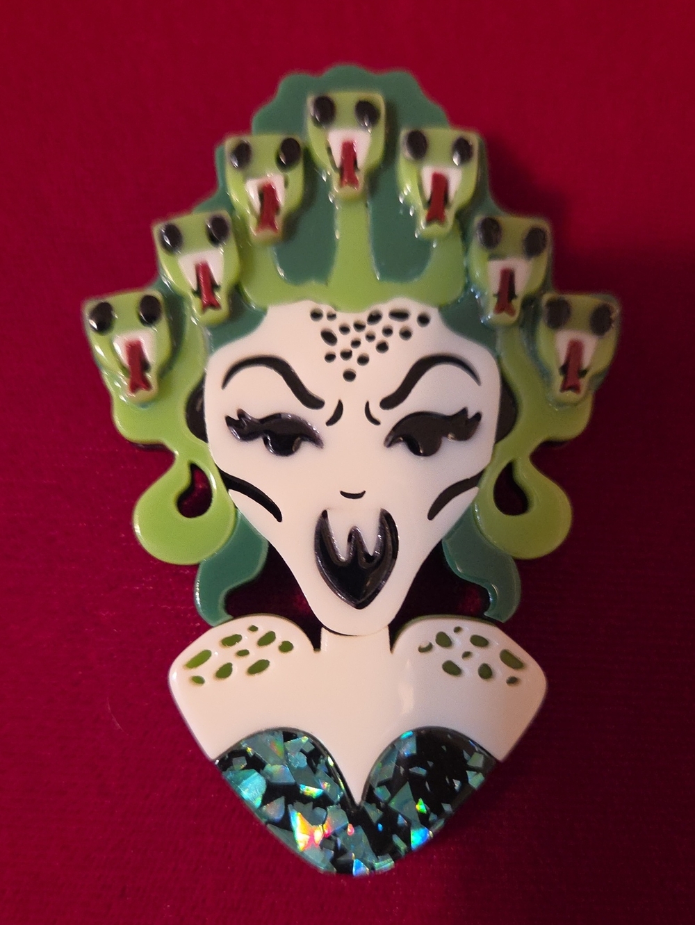 Green Medusa Acrylic Brooch Pin with Iridescent Accent